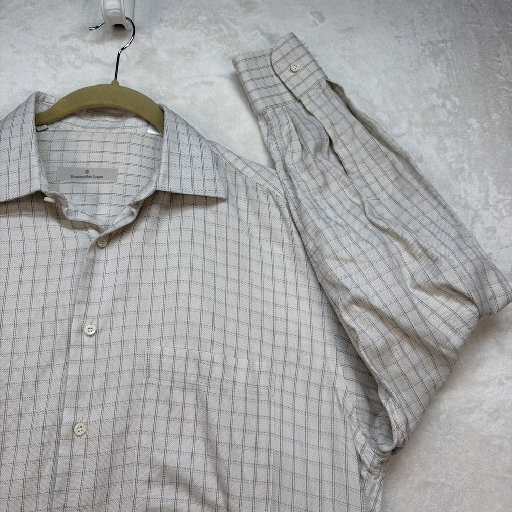 Ermenegildo Zegna Dress Shirt Mens 16 Ivory Plaid Button‎ Up Luxury Italian